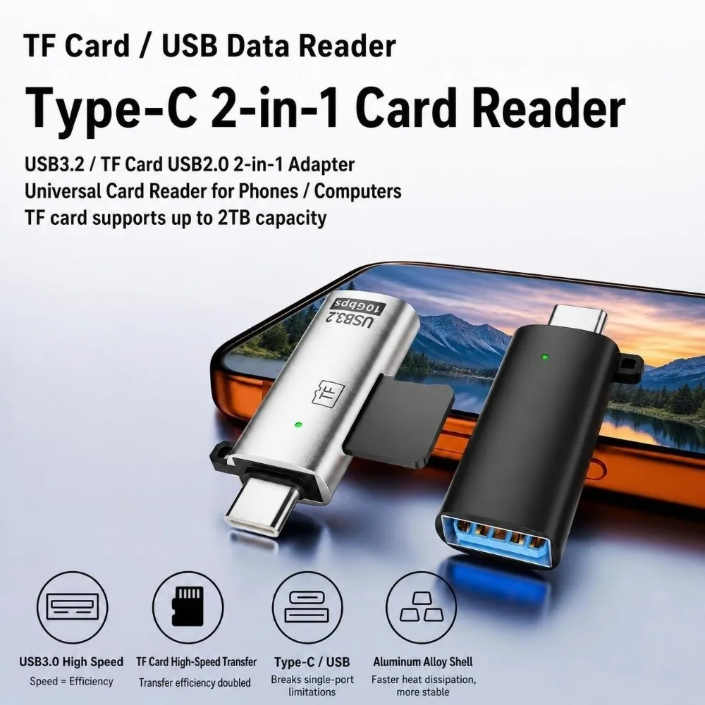 2-in-1 Type-C Card Reader 10Gbps Support 2TB Capacity for Micro SD Reader Aluminum Alloy USB 3.2 USB Card Reader Camera Drones