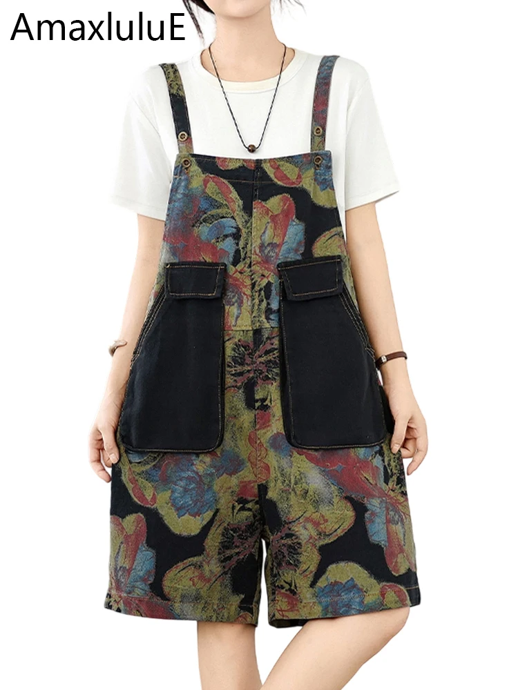 

Amax LuluE Summer Ladies Fashion Loose Overalls Womens Classic Floral Jeans Vintage Printed Shorts Denim Trousers Casual Pants