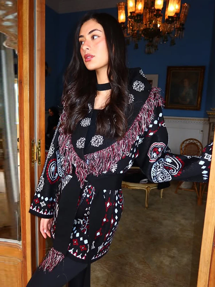 2026 Autumn Winter Casual Print Tassel Cardigan Women Elegant Belt V-neck Long Sleeve Knitted Sweaters Female Knitwears Lady New