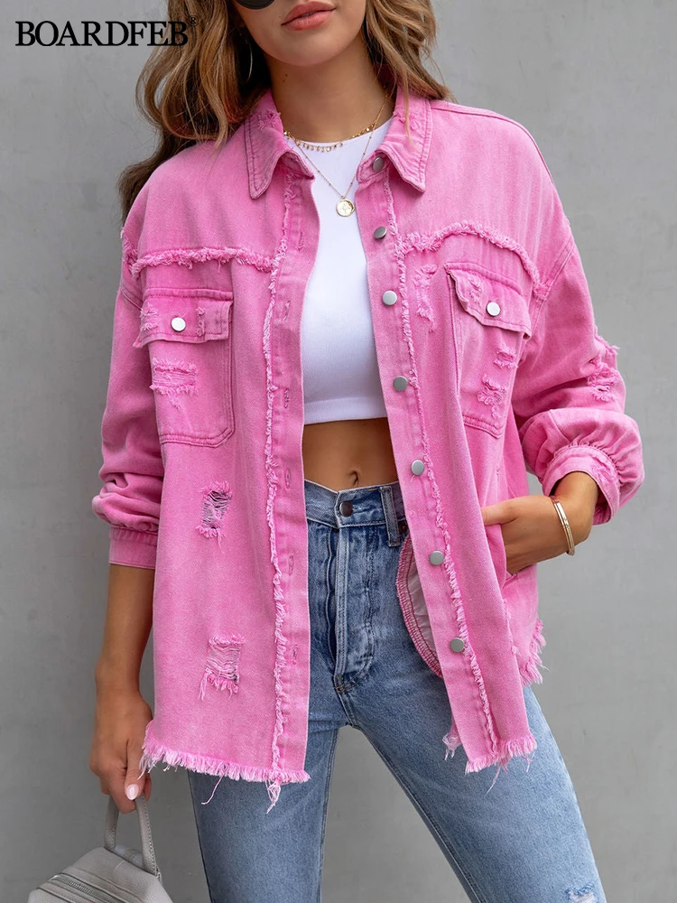 Women Ripped Denim Jacket Spring Casual Distressed Jean Long Sleeve Tops with Pockets Ladies Tassels Solid Coat Loose Outwear