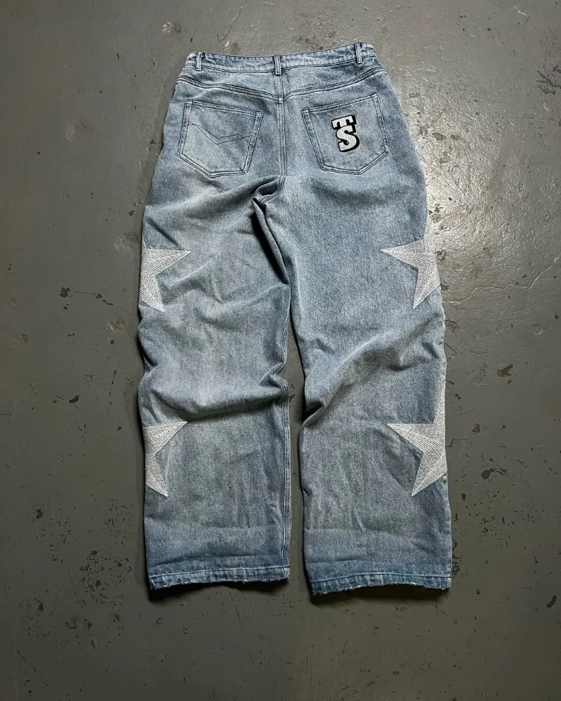 

Gothic retro star stripe design loose jeans Y2K high street fashion casual wide-leg pants Hip-hop Harajuku rock women jeans