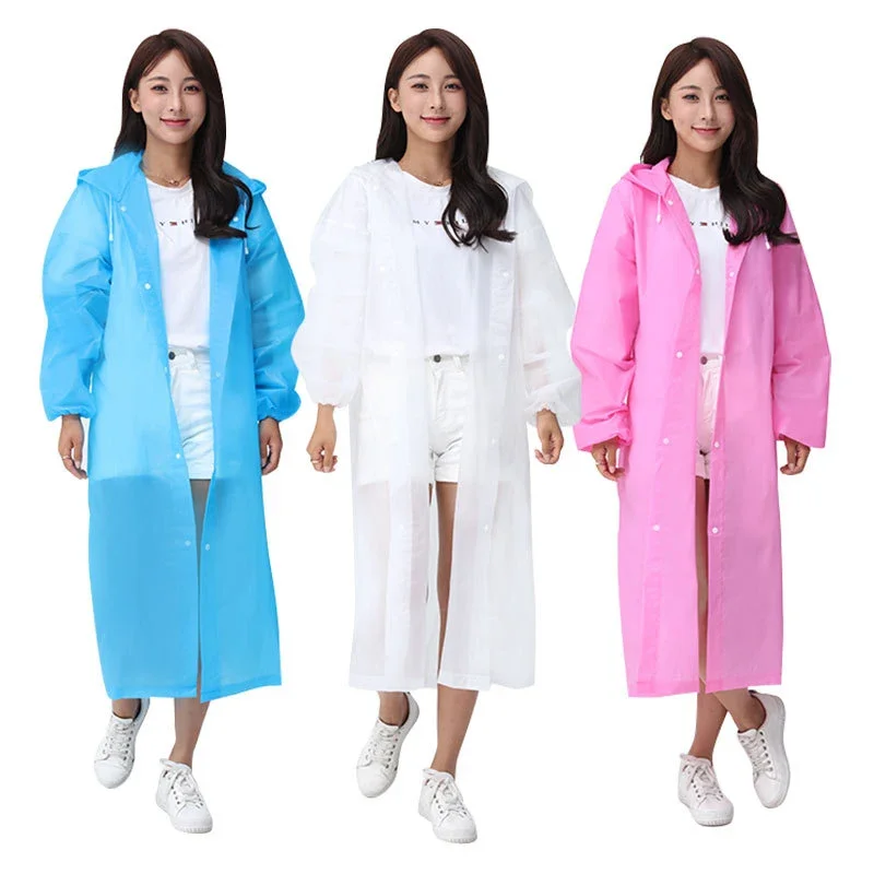 1Pc Reusable Adult Raincoat Women Men Portable EVA Rainwear Waterproof Thickened Travel Outdoor Hiking Hooded Rain Coat