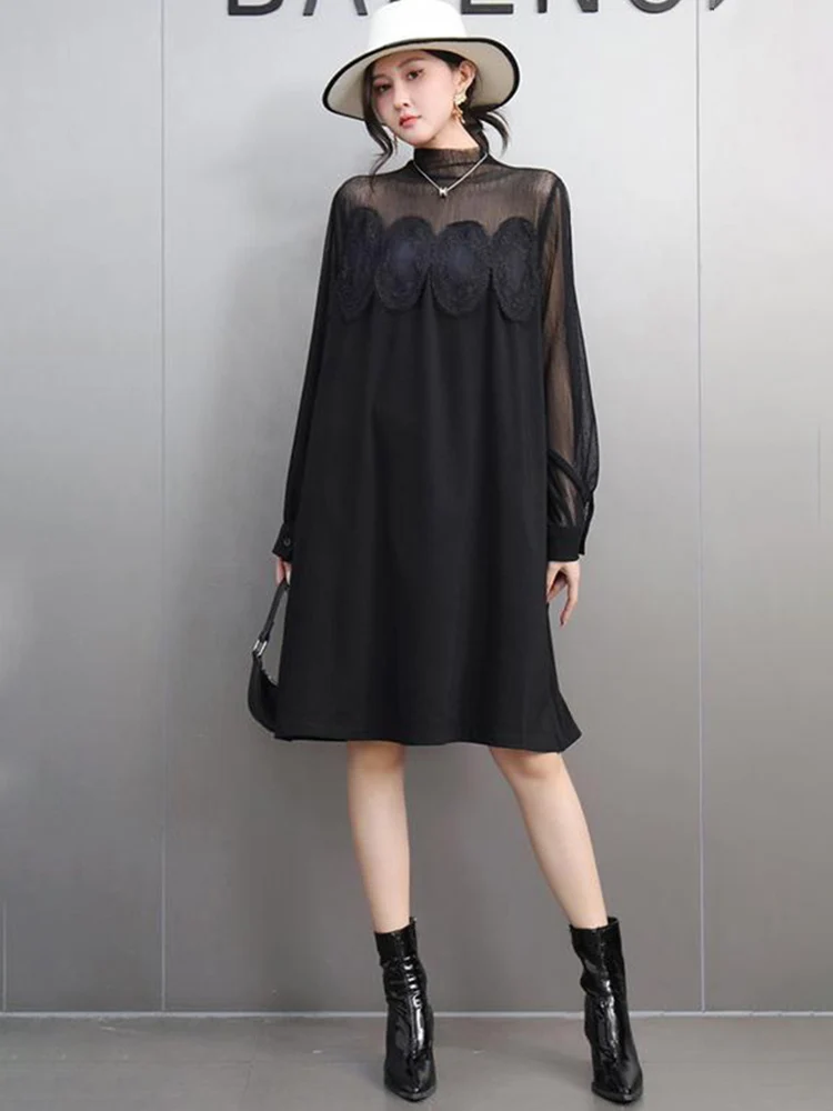 SHENGPALAE Fashion Women Dresses 2025 Spring New Elegant Chic Style Stand Collar Long Sleeves Casual Spliced Mesh Dress 5G636