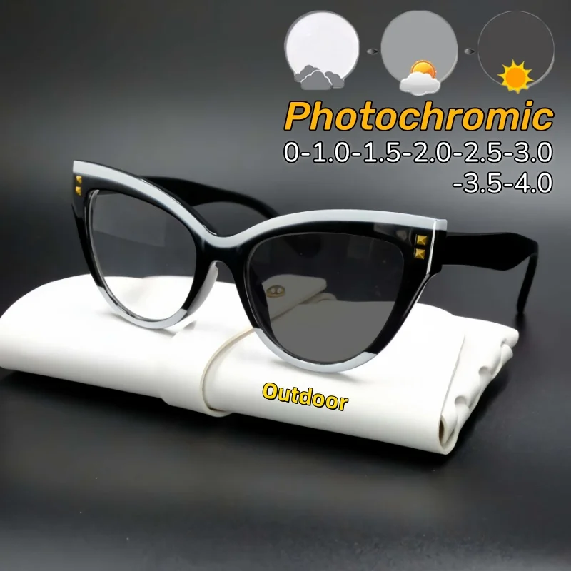 

2025 New Fashion Cat Eye Photochromic Myopia Glasses PC Eyewear Frame Fashionable Woman's Personality Eyeglasses 0 TO -4.0