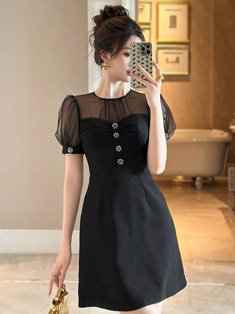 Fashion Elegant Black Short Dress for Women Sexy Chic See Through Mesh Splice Single Breasted Mini Gown Lady Party Daily Vestido