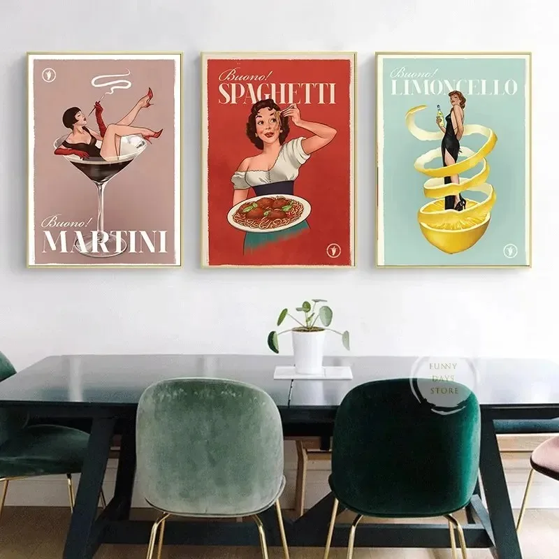Italian Vintage Cocktail Drink Wine Spaghetti Lemon Poster Illustration Art Canvas Painting Print Pasta Food Kitchen Wall Decor