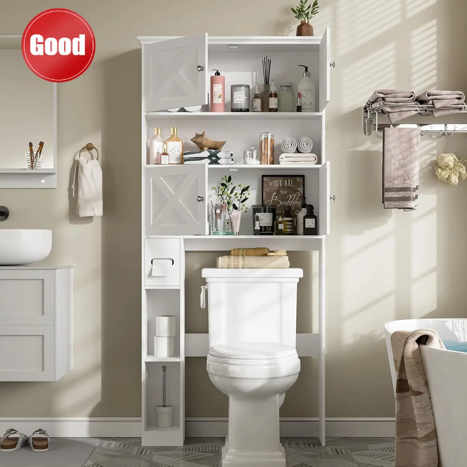 

Over The Toilet Storage Cabinet, Farmhouse Storage Cabinet Over Toilet with 4 Barn Doors & Toilet Paper Holder Stand, Black Toil