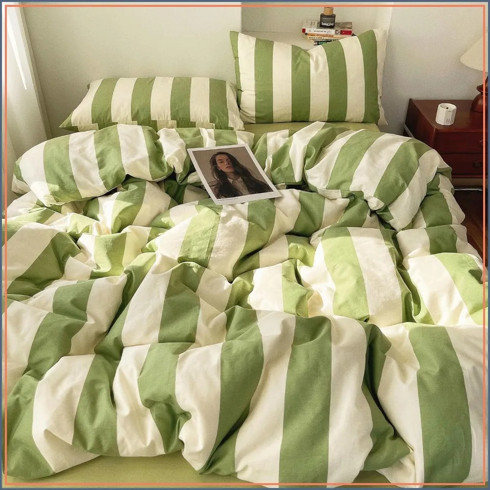 Green White Striped Comforter Set Twin XL 3 Piece Soft Fluffy Retro Bedding with 2 Pillowcases