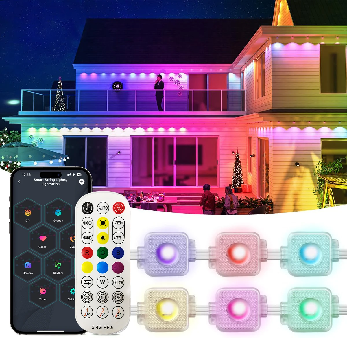 Christmas Party Eaves Decoration LED Light 300FT 180 RGB IC Light Strip Smart APP/Remote Control IP67 Waterproof Eaves Light
