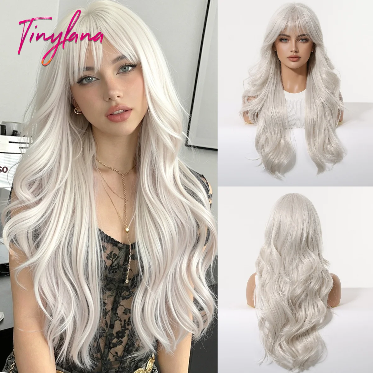 Long Grey Platinum Wave Synthetic Wigs with Bangs for Women Heat Resistant White Blonde Cosplay Costume Daily Natural Hair Wigs