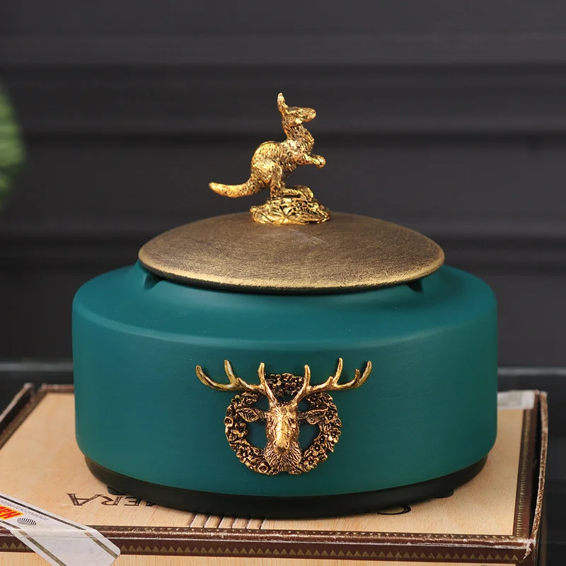 European Style Ceramics Ashtray Household Living Room with Cover Prevent Fly Ash Retro Kangaroo Deer Green As A Gift