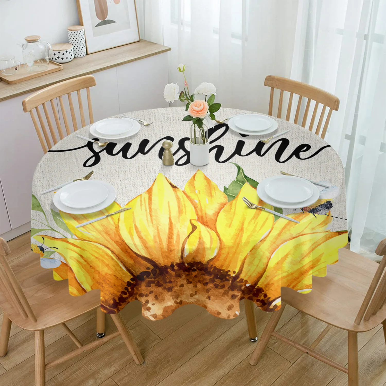 Watercolor Flowers Sunflowers Bees Tablecloth Rectangular Holiday Table Cover Party Dinner Decor Waterproof Table Cloth