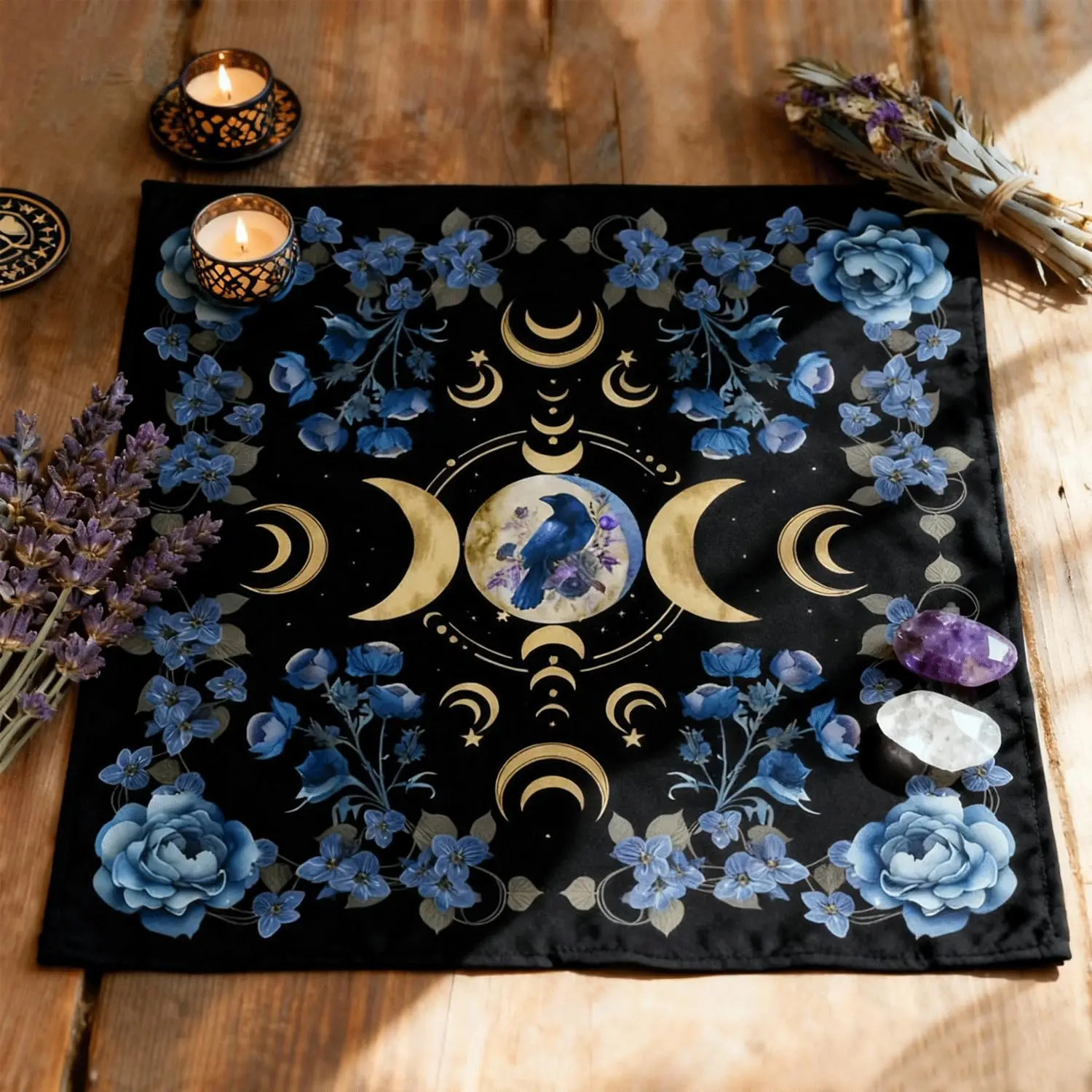 Blue Raven Triple Moon Tarot Tapestry, Blue Floral Rose Witchy Wall Hanging Mystic Phase Moon Altar Cloth, Spiritual Occult Hom