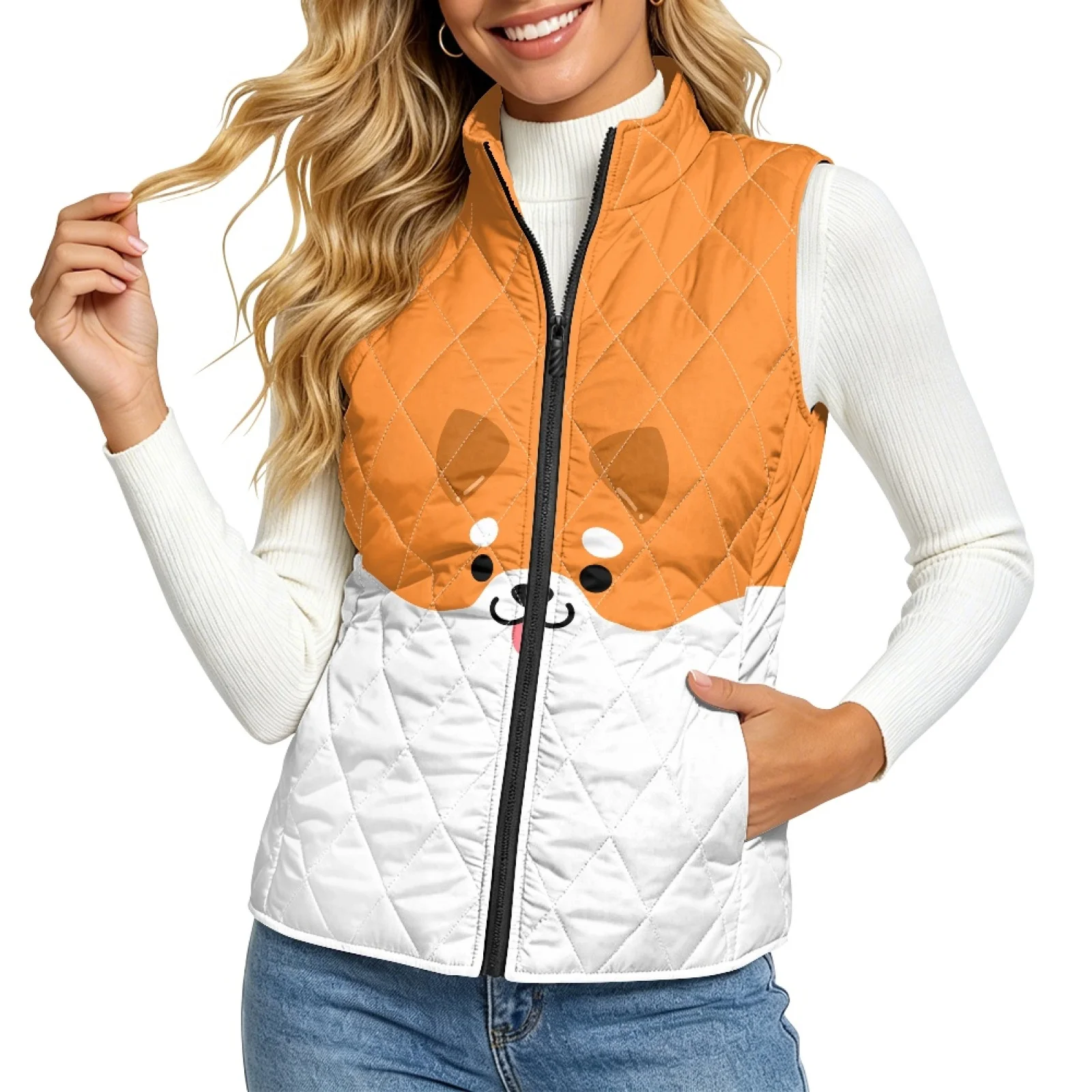 PENSTROLL Cute Corgi Pattern Women's Quilted Vest Casual Zip up Diamond Pattern Vest Lightweight Outerwear for Golf
