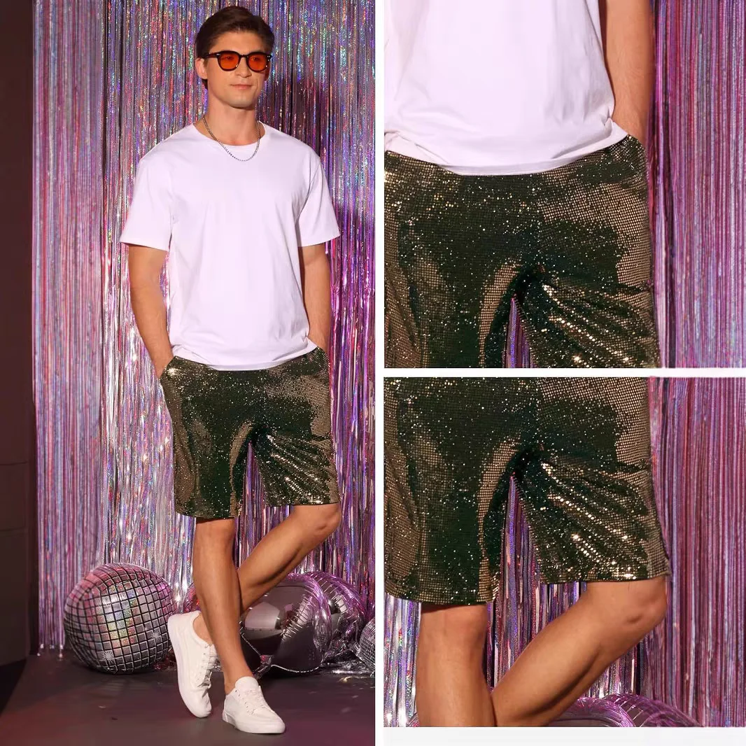 Shiny Surface fifth Loose Pants Men's Fashion Sequins Casual Middle Pants Nightclub Male Singer DJ Stage Show Costumes