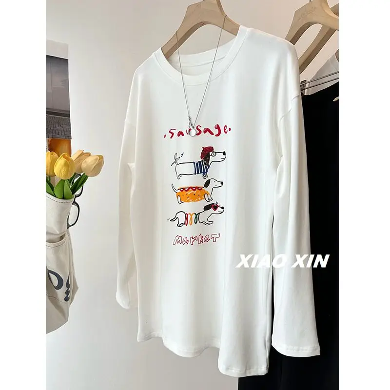 

Spring Autumn New Fashion Cartoon Printing Thin Comfortable Long Sleeve T-Shirt Women's Casual Soft O-neck Pure Cotton Tops