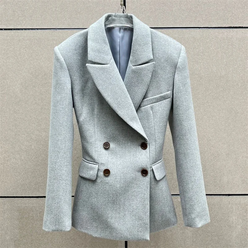 Women's jacket 2026 Spring double breasted long sleeved top Wool blend women's suit jacket shoulder pad slim fit women's coat