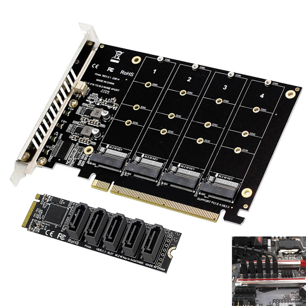 

SSD Adapter Card PH44 NVME 4-Disk Array Card LED Indicator M.2 PCIE To SATA 3.0 PCI-E Signal Split Array Card M.2 NVME Protocol