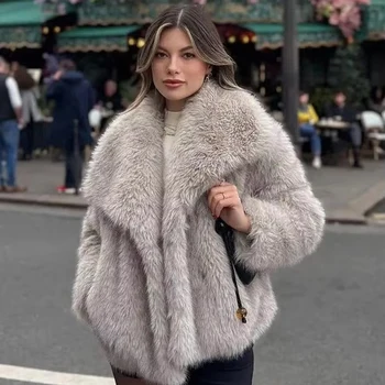 Image 2024 Winter New Fashion Gradient Fluffy Fur Coat Women High Street Luxury Big Fur Collar Faux Fox Fur Jacket Female Overcoats