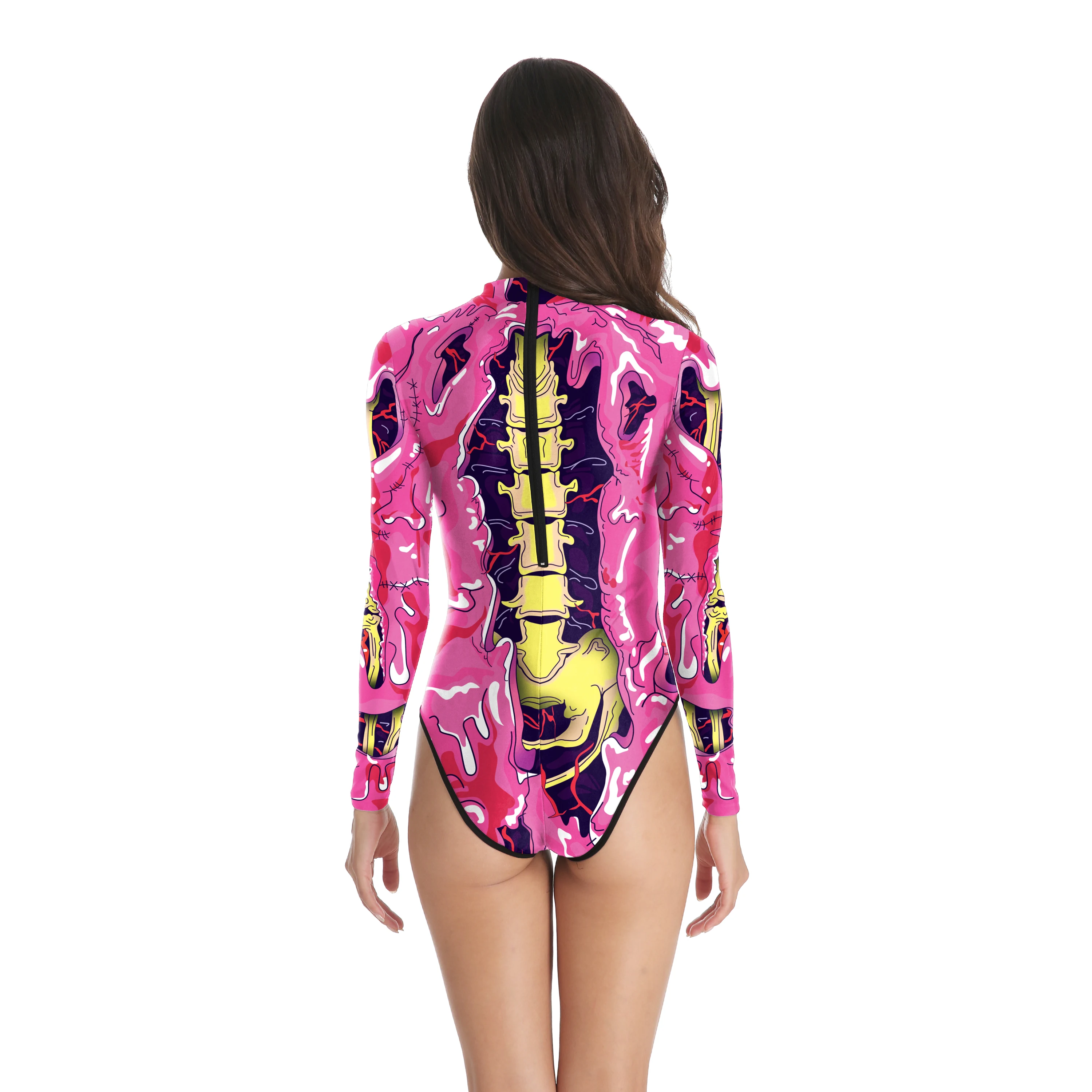 Miniso-Halloween Esqueleto Estampa Trajes Femininos, One Piece Fatos, Festa Disfarce, Rosa, Estrutura Corporal Assustadora, Bodysuit Zentai Feminino