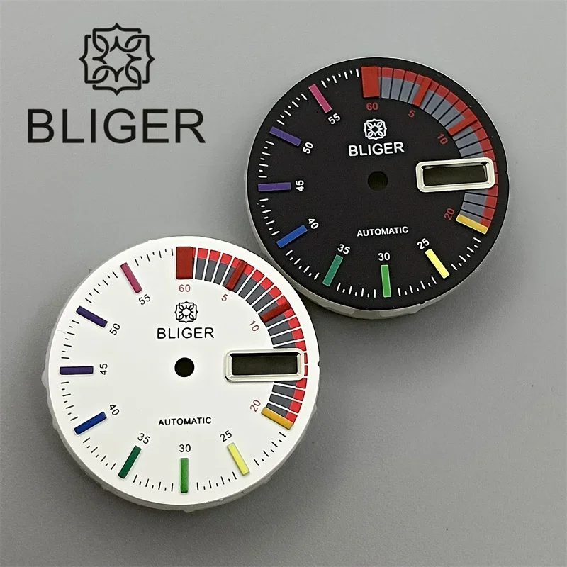 BLIGER 29mm Sterile Watch Dial Black White Dial Rainbow Time Marks For NH36 Movement Fit 3.0/3.8 o'clock Crown Case Modified