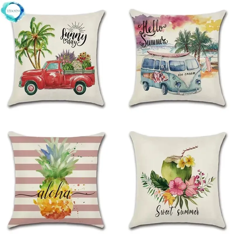 Summer Theme Decorative Linen Cushion Cover Pineapple Coconut Truck Print  Pillowcase Home Chair Decoration Pillowcase