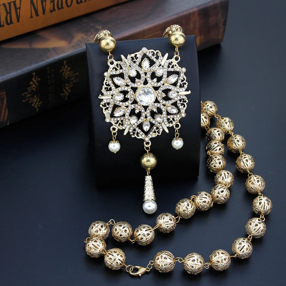 Sunspicems Gold Color Morocco Choker Necklace Women Long Metal Ball Caftan Chain Arab Bride Wedding Jewelry Sunflower Pendant