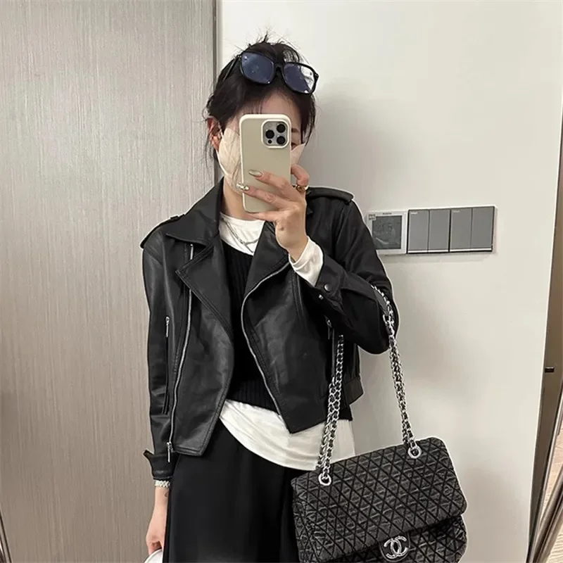 Frühling Frauen Koreanische Dünne Kurze Faux Pu Leder Mantel Streetwear Fashion Lila Obst Grün Revers Langarm Weibliche Biker Jacke