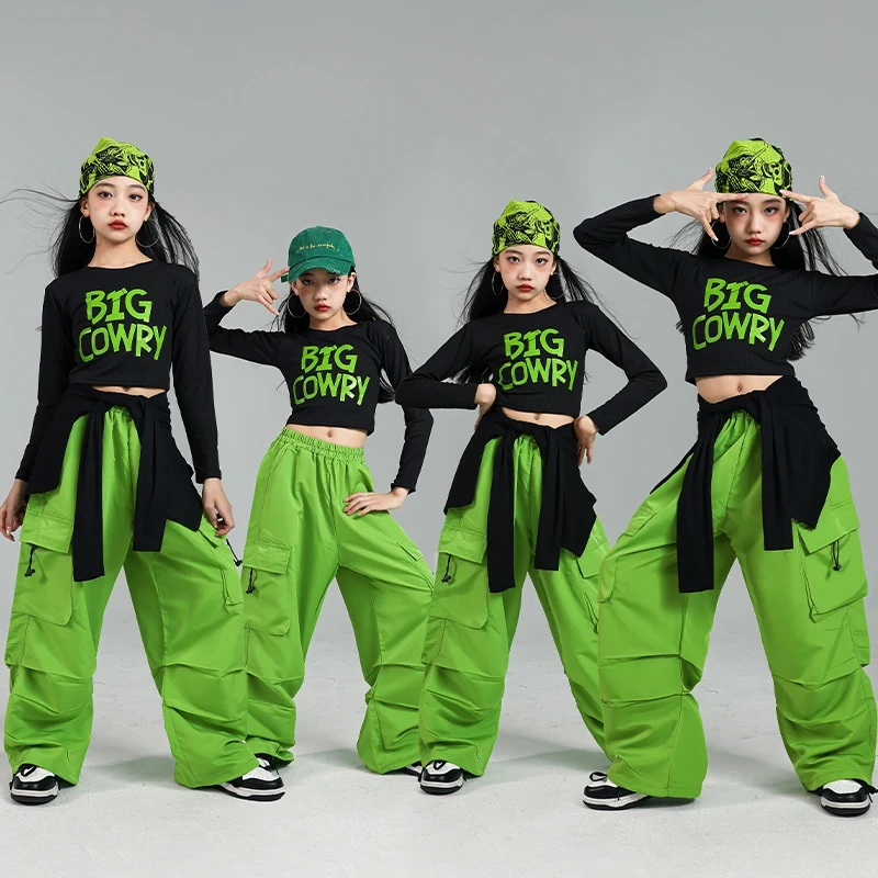 Kinderen Street Dance Kostuum Hip Hop Zwart Tops Groene Broek Meisjes Kpop Jazzdans Podium Outfit Mode Casual Dancewear AMY1217