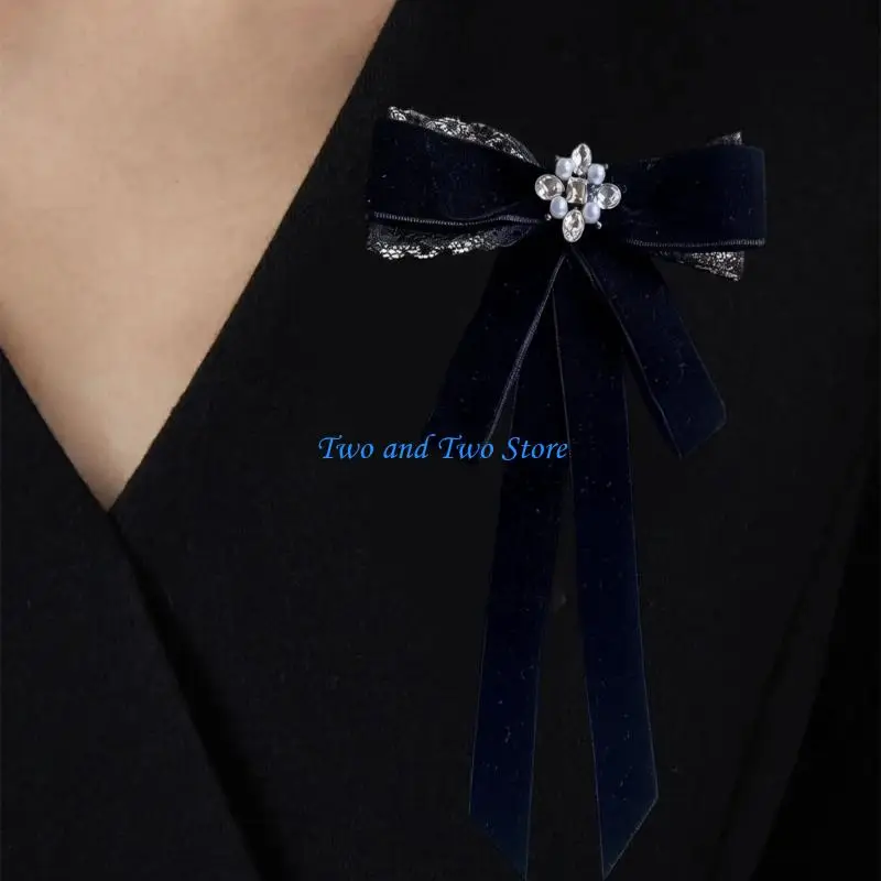 HX6F Uniform Bows Tie for Senior High School Girl Uniform Bows with Pearls Bowknot Crystal Preepy Look Adjustable Bowtie