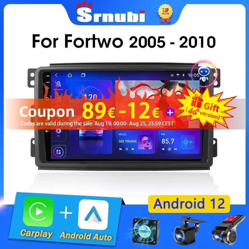 

Srnubi Android 12 Carplay Auto Car Radio for Smart Fortwo 451 2005 - 2010 Multimedia Player 2 Din Navigation GPS Stereo IPS Dvd