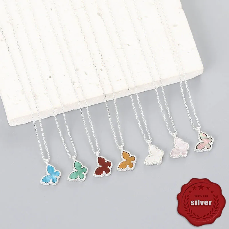 S925 sterling silver shell butterfly necklace women's fashion classic inlaid with white mother of pearl and black agate pendant