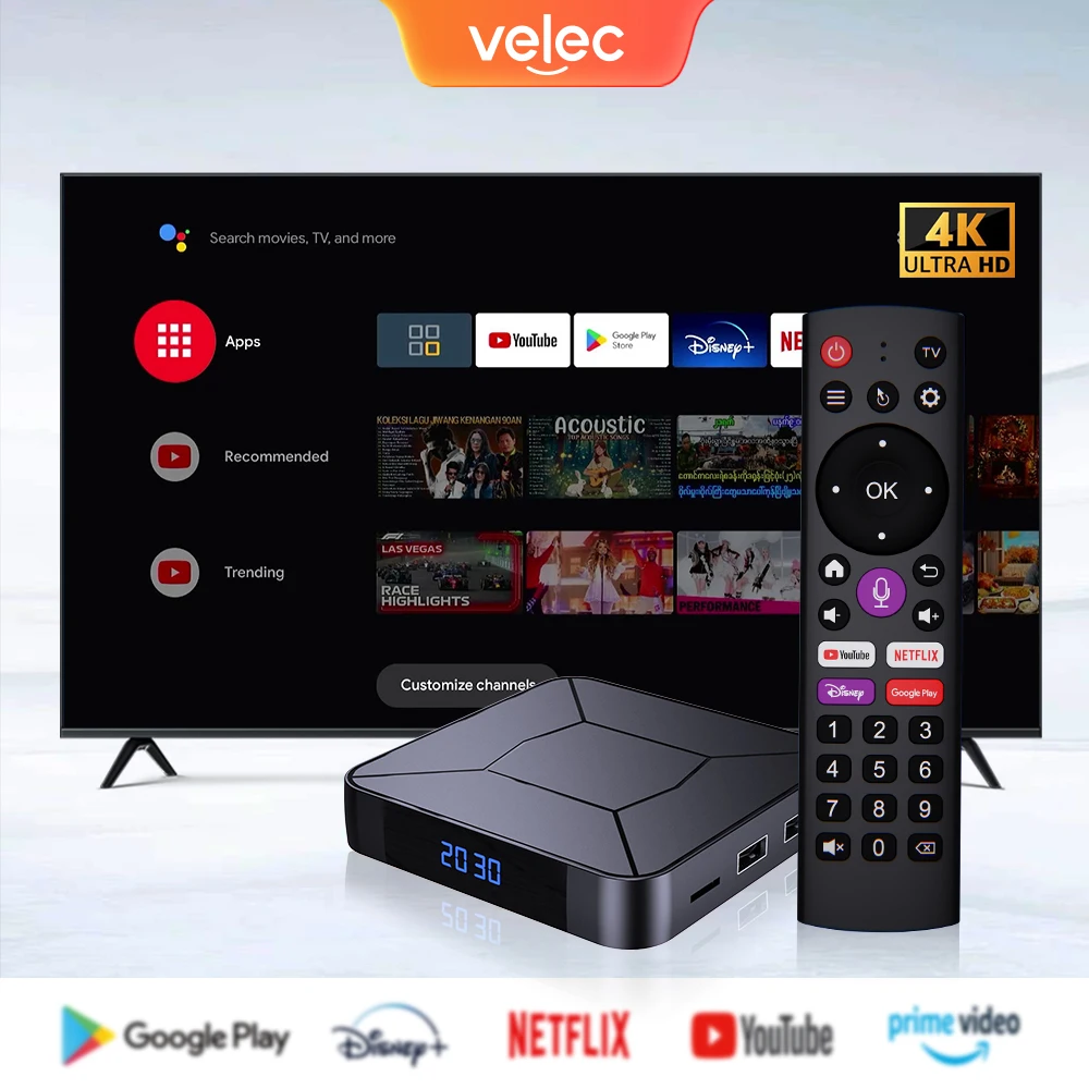 Velec Smart TV Box Android 12 Allwinner H618 BT5.2 Dual WiFi BT Voice Remote 4K Media Player for Google YouTube Netflix 4GB 32GB