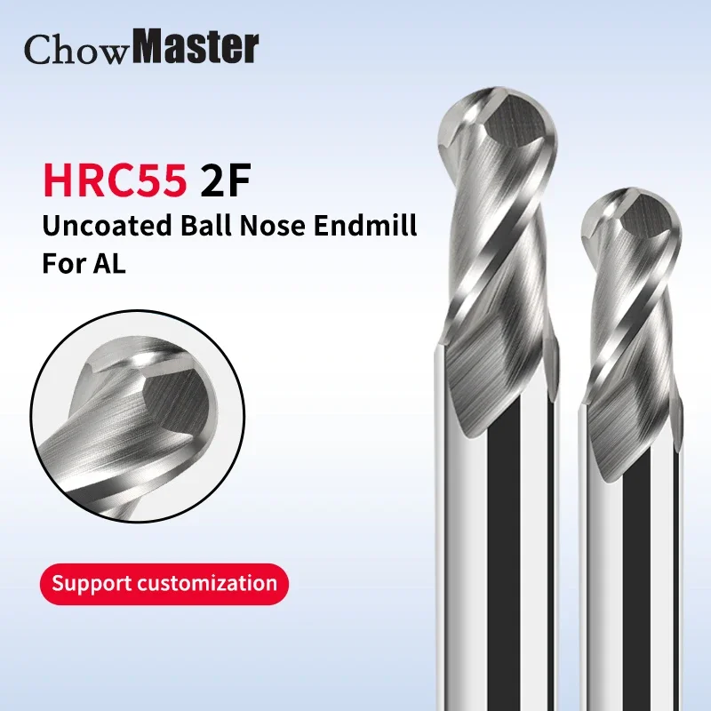 HRC55 Ball Nose Aluminum Milling Cutter 2 Flute Uncoated Carbide End Mill R0.5 R1 R1.5 R1.75 R2 R3 R4 R5 R6 R8 CNC Tools