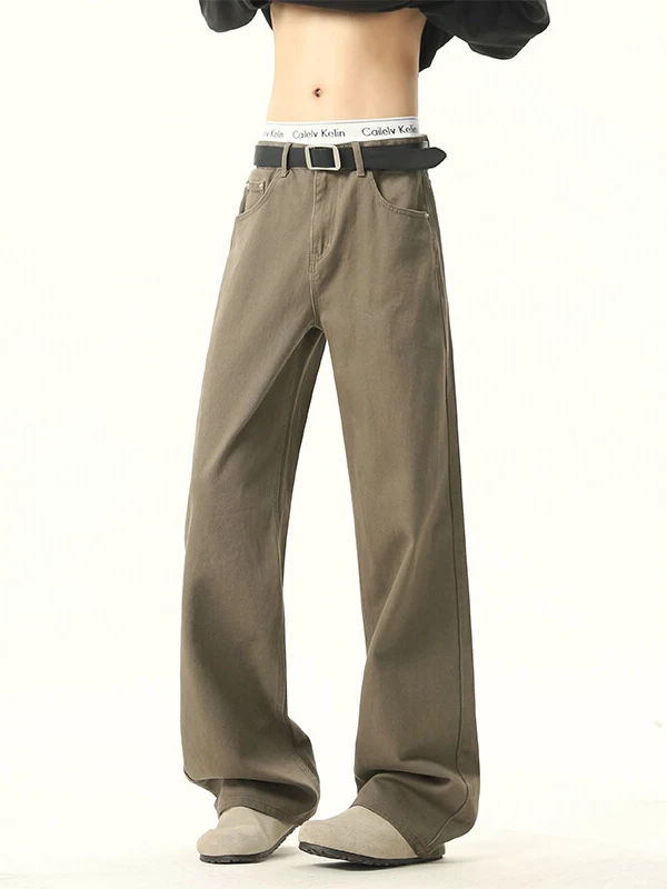 

Khaki Color Wide Leg Straight Cut Jeans Men's Summer American Slimming Jeans Bootcut Denim Trousers Loose Fit Long Pants