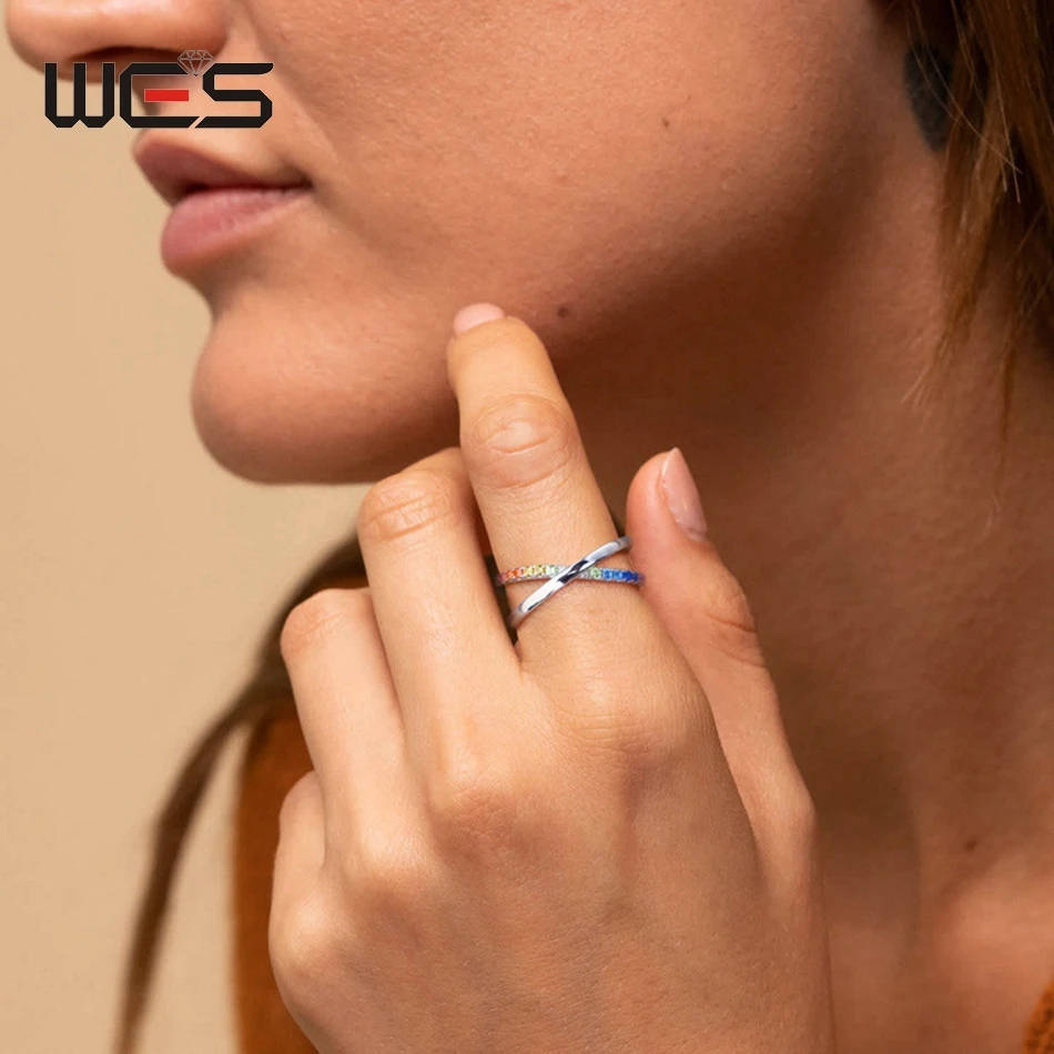 WES 925 Sterling Silver Rings for Women Rainbow Crystal Colorful Zicron 1.5*1.5mm Wedding Engagement Birthday Gift Fine Jewelry