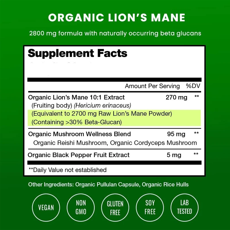 مكملات فطر ليونز ماني تدعم الذاكرة والتركيز ونظام المناعة وكورديسيبس نباتي وكبسولات فطر لينغزي