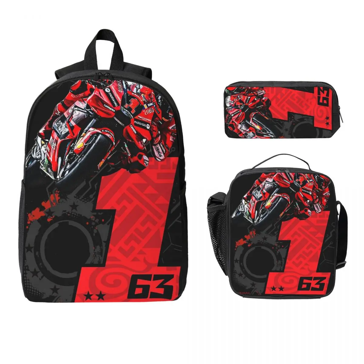 

Francesco Bagnaia номер 1, мото GP рюкзак для мальчиков и девочек, школьная сумка, сумки на плечо для ноутбука, 3 шт., изолированная сумка для обеда, пенал