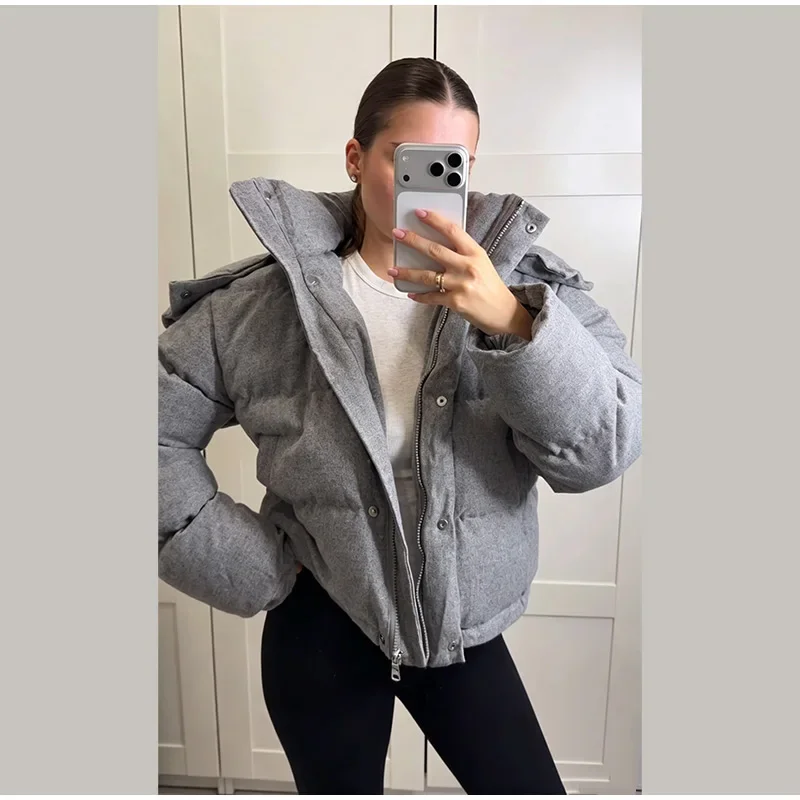 Winter Women's Cropped Padded Coats Hooded Stand Zip-up Full Sleeve Short Puffy Cotton Jacket 2026 Warm Casual Solid Outwear