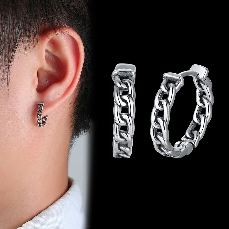 Men's Vegan Chain Hoop Earrings, Waterproof Stainless Steel Cuban Chain Round Huggie Earring for Male Boys Gifts Jewelry