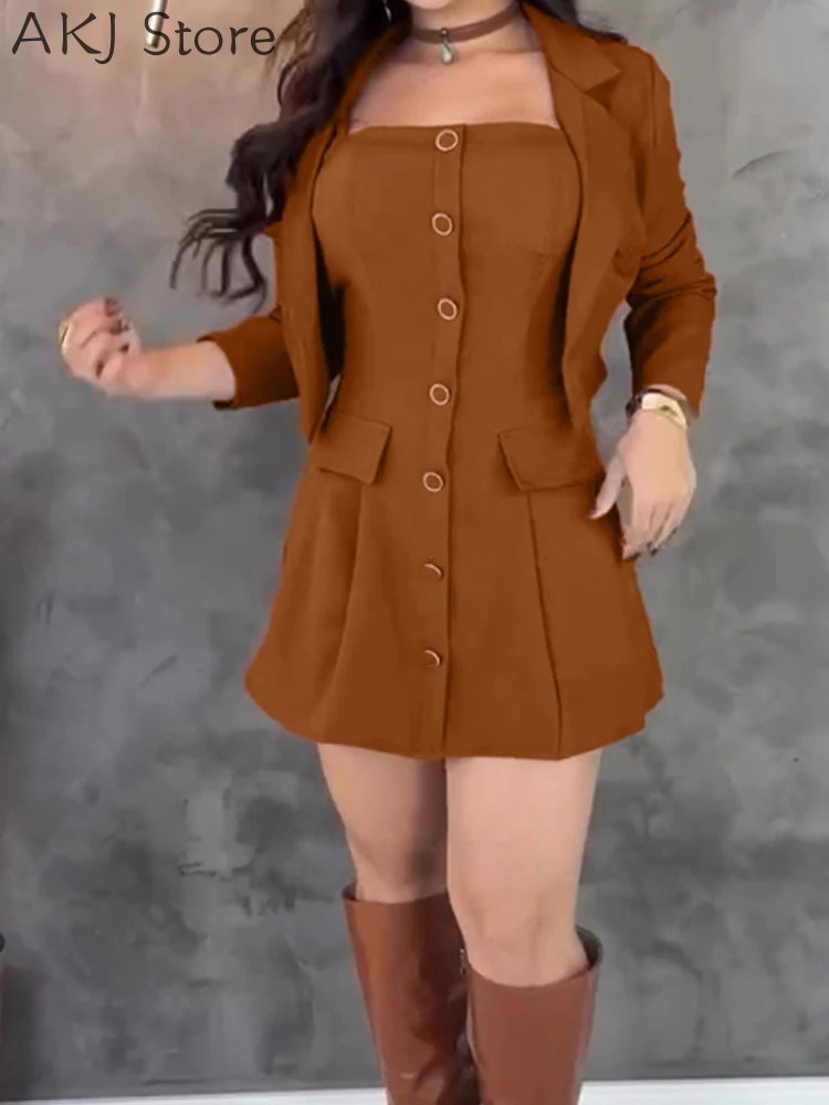 

Women Turn-down Collar Coat and Cold Shoulder Spaghetti Strap Button Dress Sets