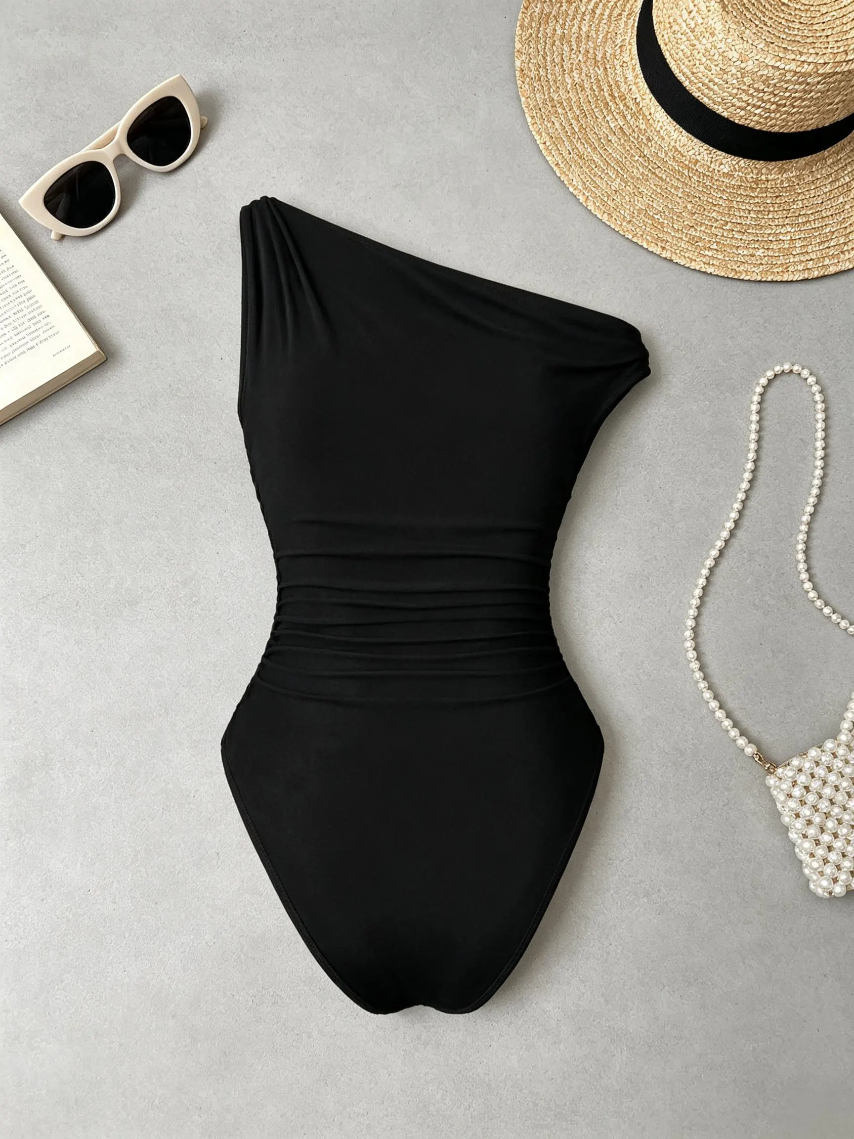 Damen One-Shoulder Bodysuit mit Metallbeschlägen, geraffter Taille, schmaler Passform, figurbetonter Jumpsuit, lässige Club- und Alltagskleidung, Streetwear-Oberteil – Detail 7