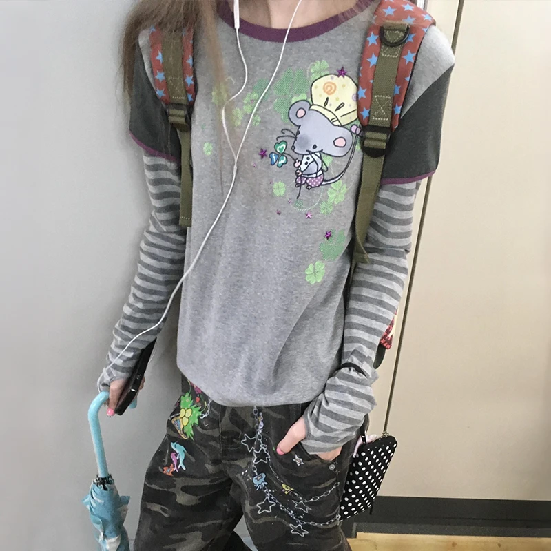 Karrram Japanese Y2k Cartoon Mouse Print T-shirt 2000s Cutecore Long Sleeve Patchwork Tops Vintage Harajuku Gray Tshirt American