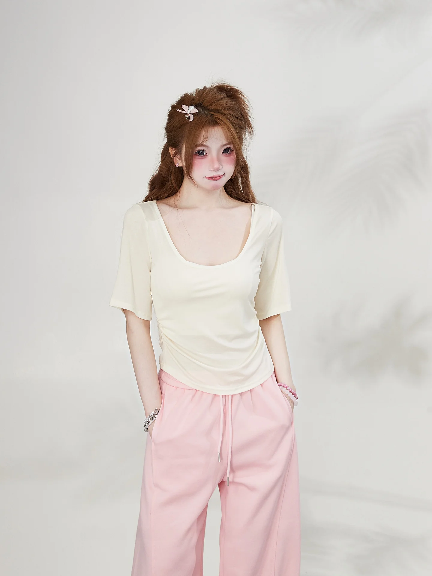 White Pure Desire U-Neck Short Sleeve T-Shirt Women's Summer Slim Fit Waist-Cinching Five-Quarter Sleeve Top for Students