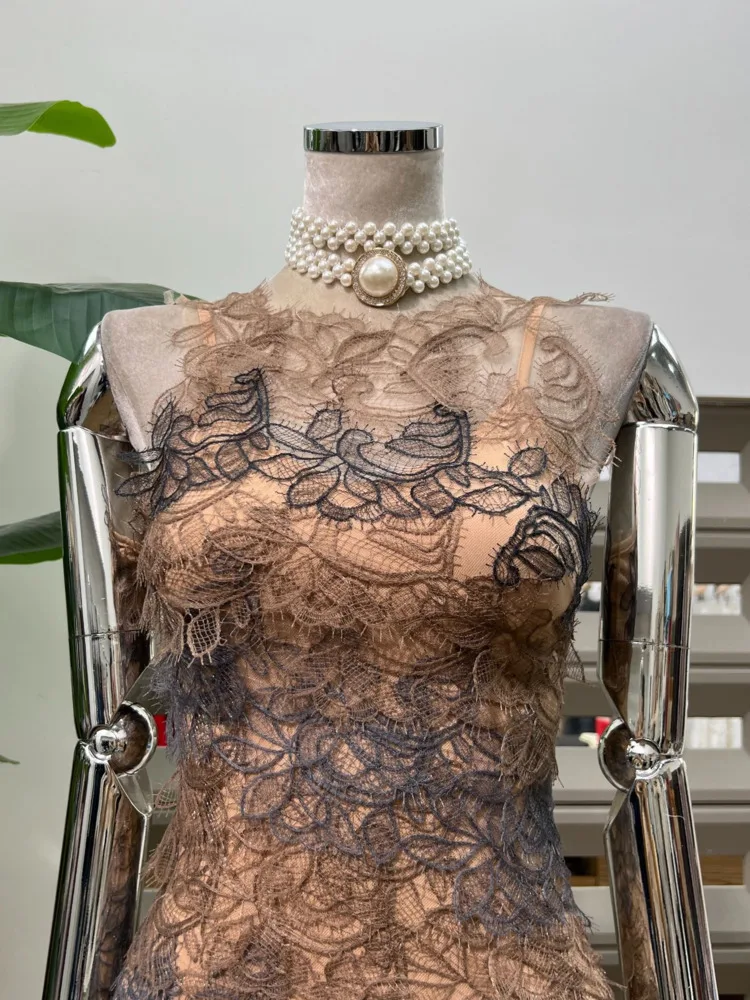 DFDG Vestido de noche de encaje transparente 2025 para mujer, ajustado, sin mangas, de malla, de tul, diseño único, para primavera y verano