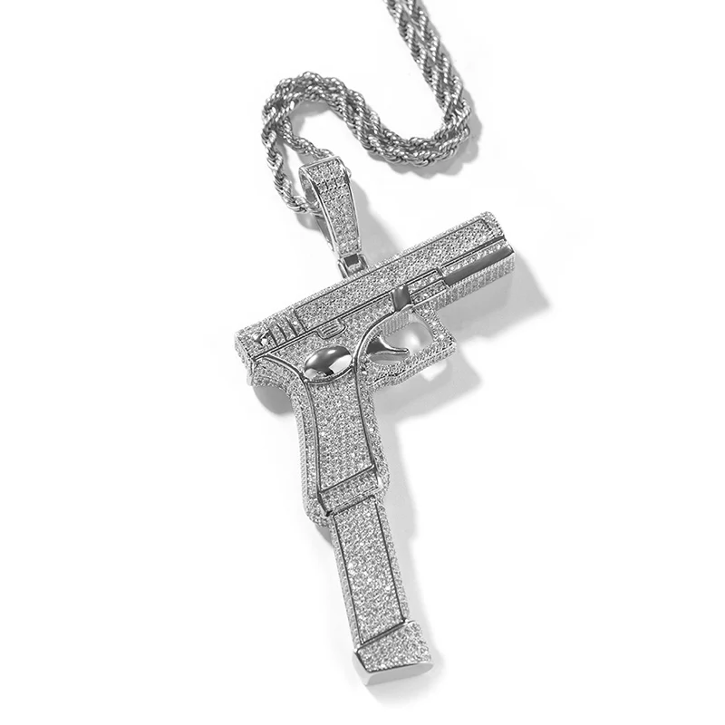 Hip Hop 5A+ CZ Stone Paved Bling Iced Out Big Gun Pendants Necklace for Men Rapper Jewelry Gold Silver Color