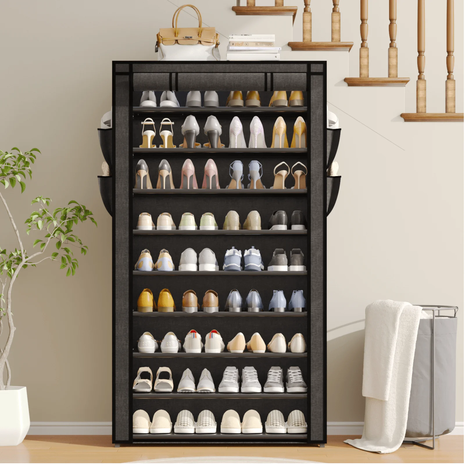 10-Tier Shoe Rack Organizer, 50+ Pairs Tall Dustproof Shoe Storage Cabinet, Multi-Functional Standing Shelf for Entryway Closet Dormitory, Easy Assembly Space Saver Black/Grey