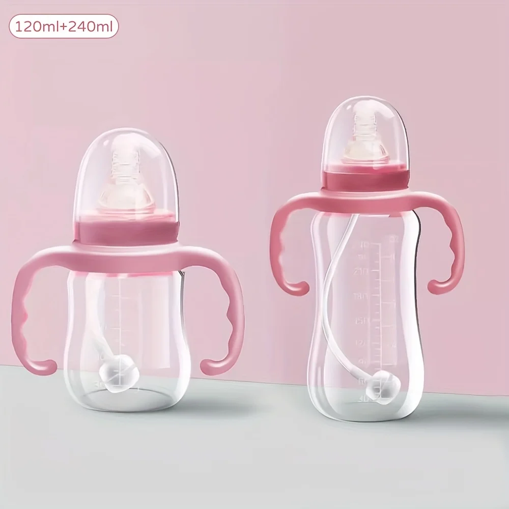 

120ml-240ml Newborn drop-proof, anti-colic PP bottle with handle, BPA-free, breastmilk-like silicone nipple Gravity straw design