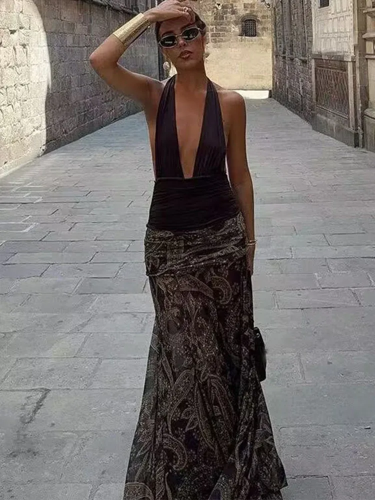 2025 autumn European and American style waist pleated design printed large swing skirt