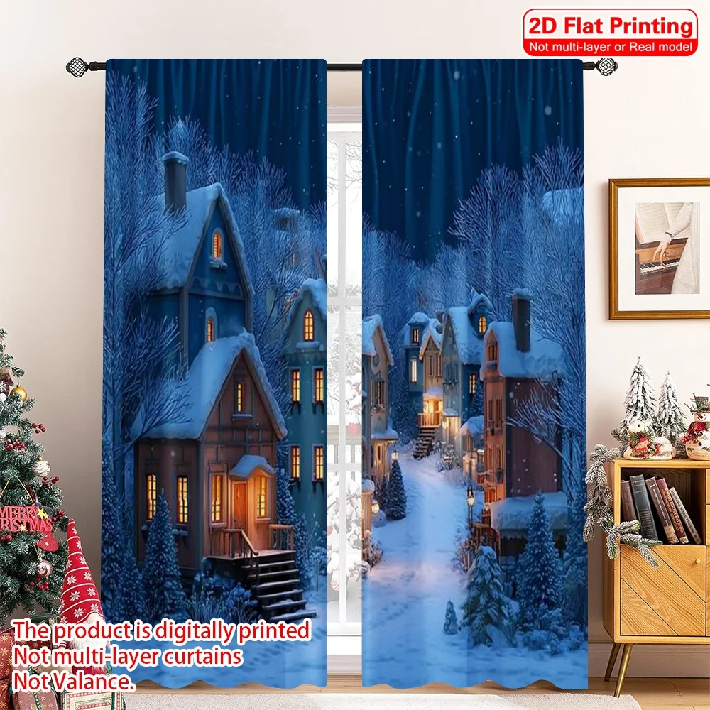 

2pcs 2D flat printing Christmas Curtain Snowy Village 100% Polyester Without Electricity Festive Holiday Use for Room bedroom